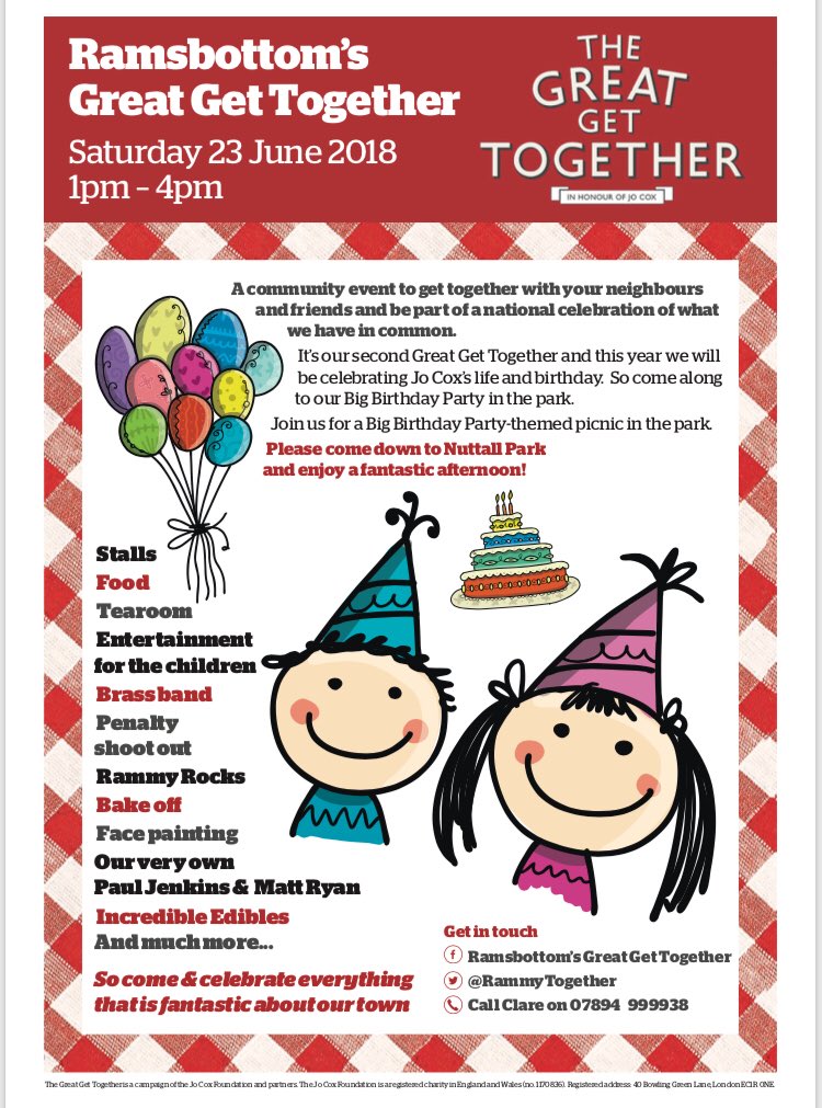We will be having a cake stall at our Great Get Together in Nuttall Park this Saturday. If anyone out there can donate or bake a cake for the stall then please get in touch.