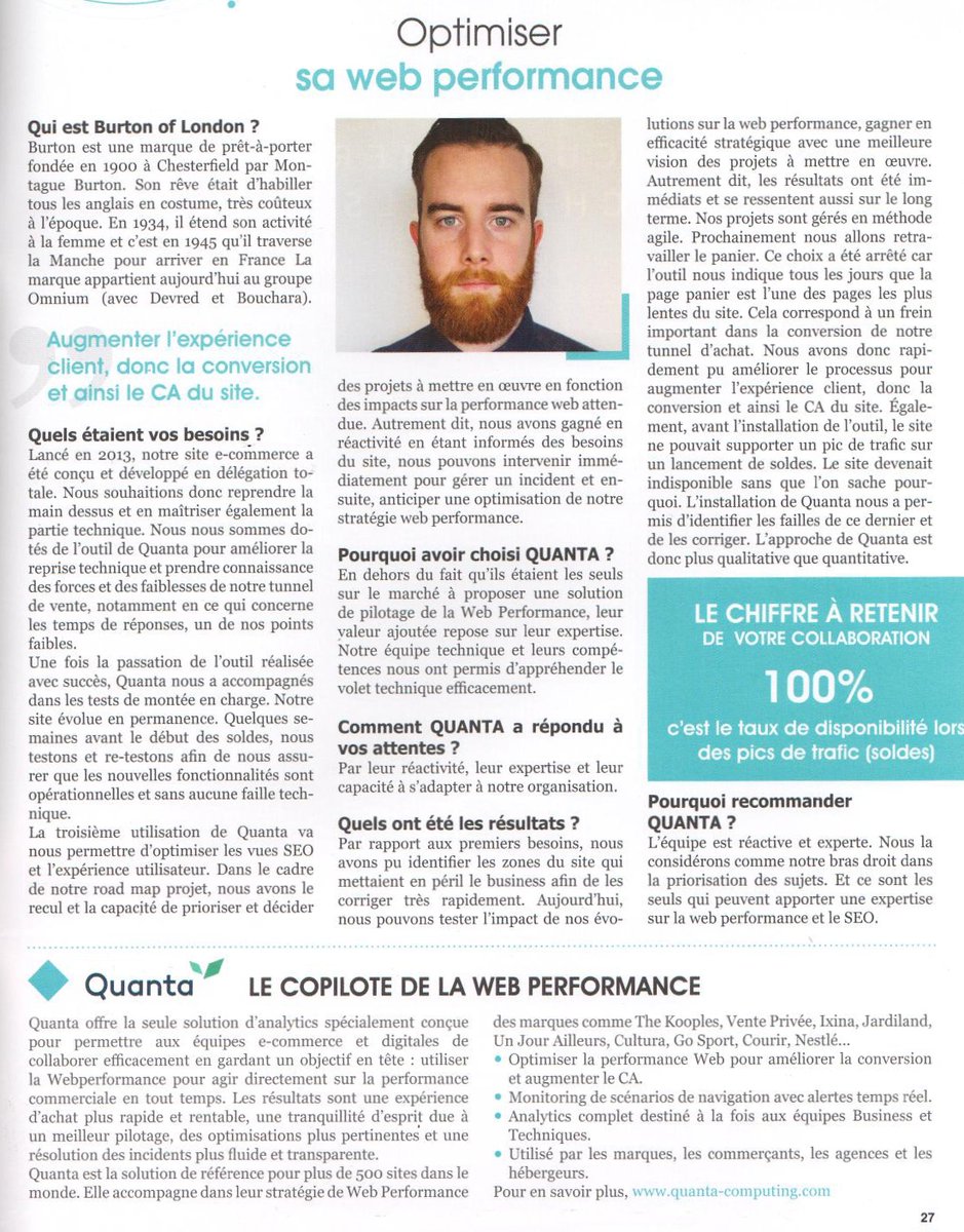 quanta_io's tweet photo. Vincent Hacquard Responsable #Ecommerce &amp; #Digital de @BurtonOfLondon   évoque dans le #DigitalMag, les raisons pour lesquelles il a choisi Quanta dans la gestion de la #webperformance. https://t.co/vfcvYTc5xS