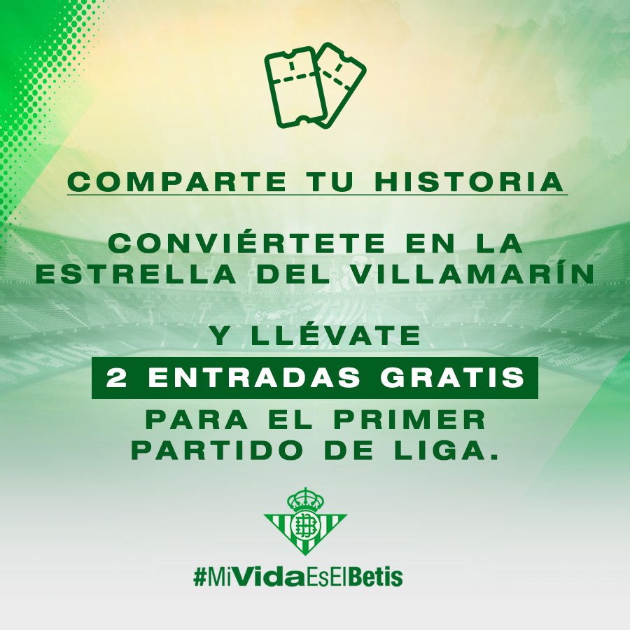 RealBetis's tweet photo. ¿Tu vida es el Betis? 🤩💚 ¡Compártenos tu historia usando #MiVidaEsElBetis y conviértete en la estrella del primer partido de Liga! 🌟🏟⚽

El ganador se llevará 2 entradas para disfrutar del encuentro y verá su historia en el videomarcador del Villamarín 🎫🎬 https://t.co/YdwPjzefSf