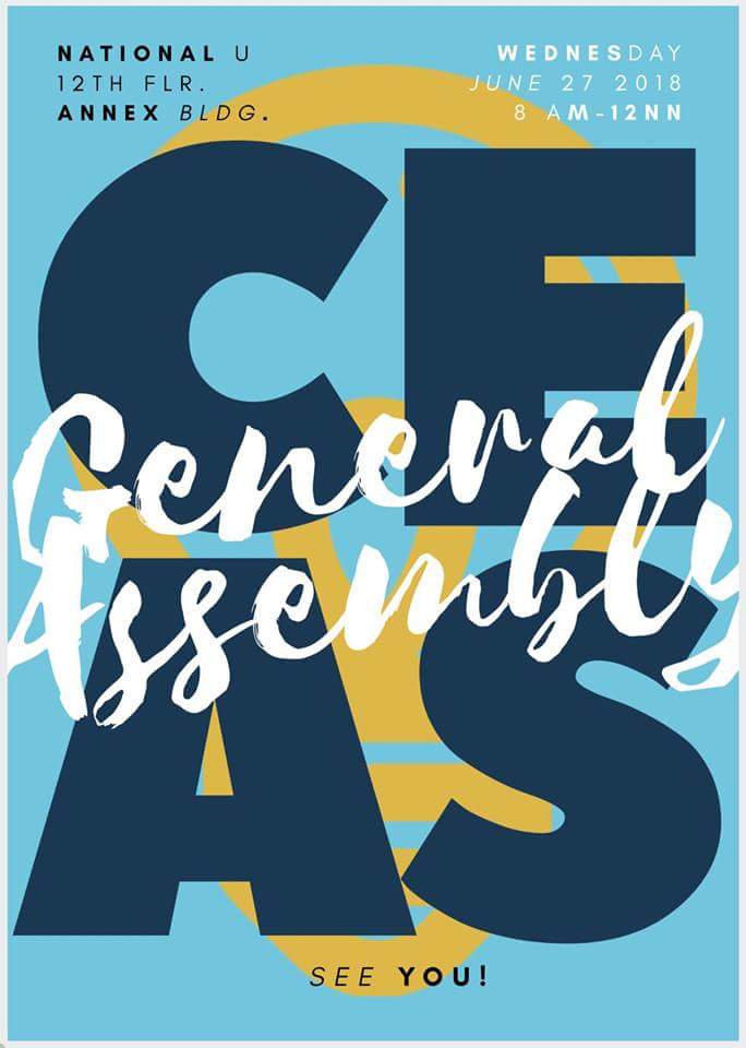 NU_CEAS's tweet photo. Calling all  CEAS students!
The College of Education Arts Ssiences invite you to attend this Academic Year’s General Assembly happening on the 27th of June at the 12th Floor Annex Building.

Do not miss the chance to meet your professors and co-students in this fun-filled event! https://t.co/EqlXiB64Tt