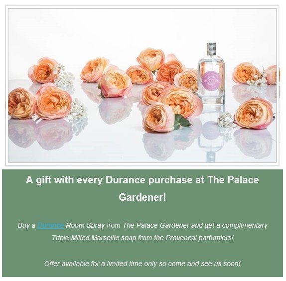 Come into The Palace Gardener this weekend to collect your complimentary @durancefrance gift with the purchase of a room spray! 🌺🌷🌼