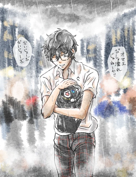 突然の通り雨からモナを守るぺごくん 