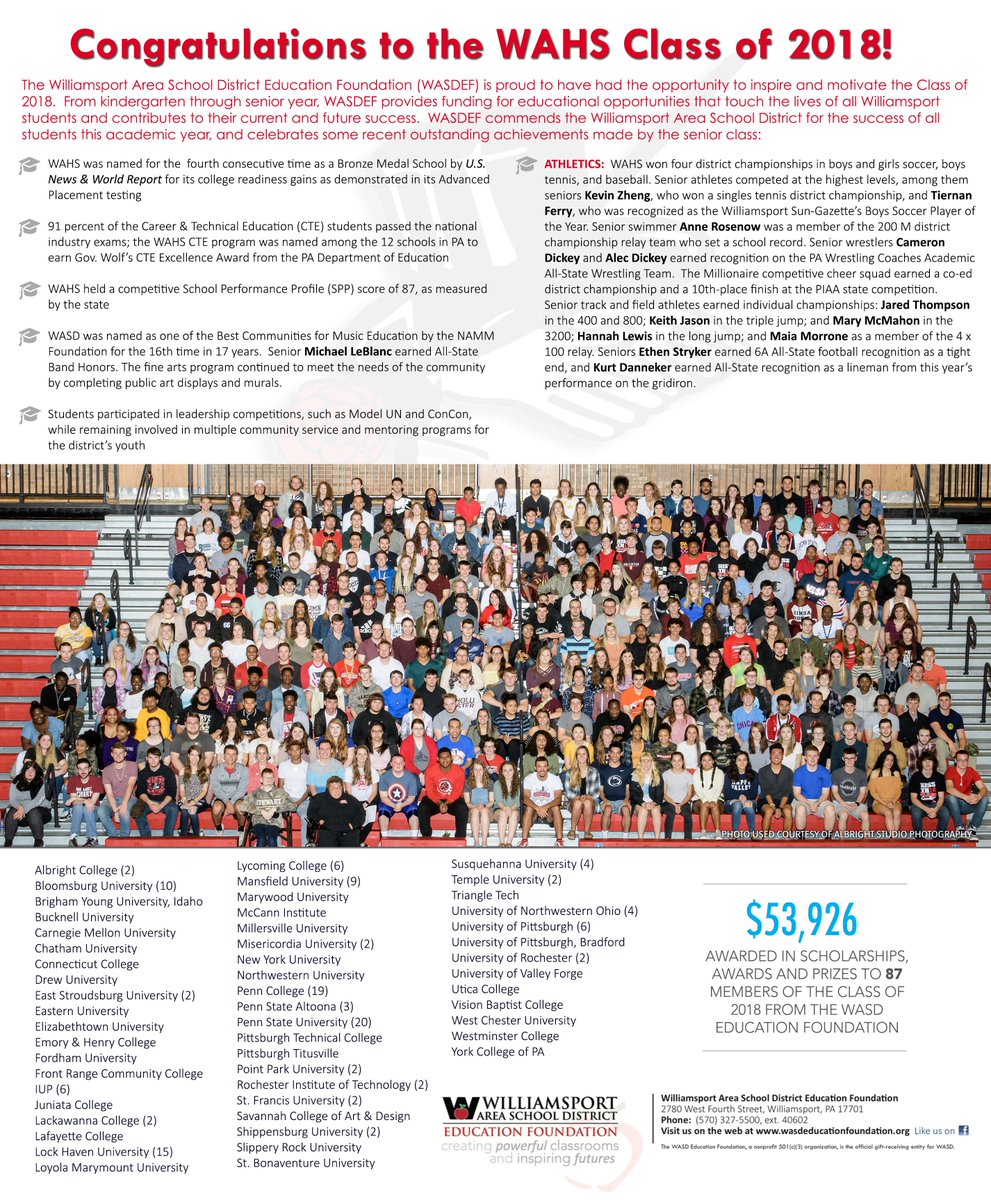 WASDSchools's tweet photo. #MILLIONAIREPRIDE :: The #WASD Education Foundation is proud to sponsor this full-page ad, recognizing the @WAHSwasd Class of 2018 and their accomplishments, that will appear in this Sunday's @WmsptSunGazette and next week's @webbweekly01! 🎓 https://t.co/Vs2dXJ48Us