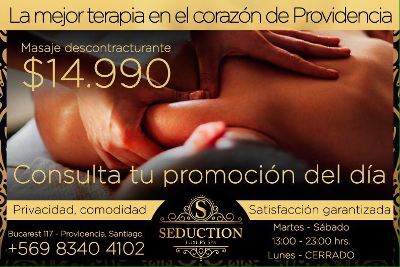 SpaSeduction's tweet photo. Ven y consulta por la promoción del d��a 🎉🎉🎉🎉@seduction_spa si sabemos cómo relajarte...contamos con salas vip totalmente climatizadas,chicas hermosas y muy profesionales RESERVA TU HORA https://t.co/yKRXLjRs1Q