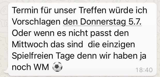 bsagt's tweet photo. Oha. Mein Vater hat vielleicht das Vertrauen in mich verloren. Bin unsicher, ob er glaubt ich hätte nicht bemerkt, dass die #WM2018 länger als 2 Woche dauert oder denkt ich kenne keine Fußballkneipen in Köln? 🤷🏼♀️ #terminplanung #WMedition #familyleaks https://t.co/CrbFbX0Xh4