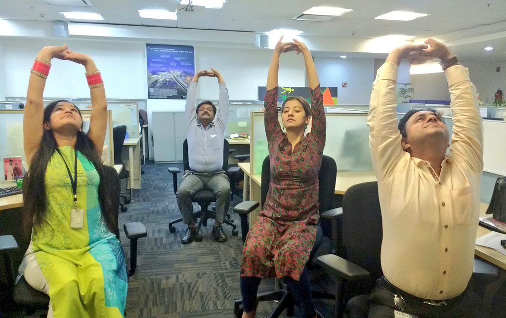 At Thales, it's not only about work but also about employees' health and wellness. Here, our colleagues from #India indulge in desk #yoga - the perfect way to calm the mind and alleviate stress. #InternationalYogaDay2018 #YogaDay2018 #IDY2018