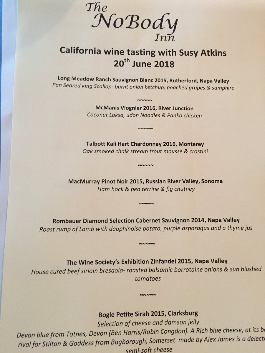 The menu &amp; wines from last night's Californian tasting <a href="/TheNobodyInn/">The NoBody Inn</a> @CalifWinesUK_IR - by heavens that was good!