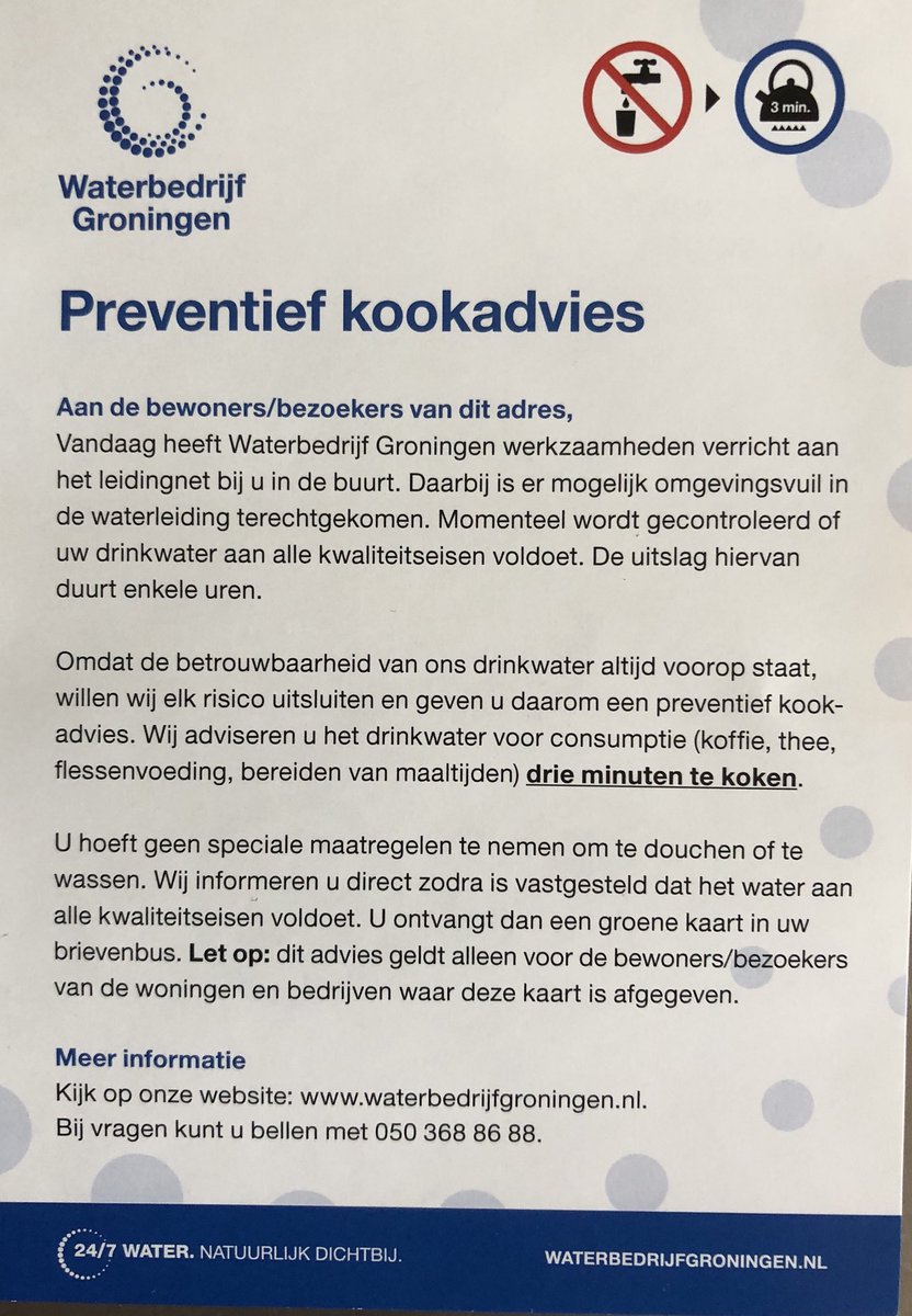 Waterbedrijf's tweet photo. Lek Middelberterweg #Middelbert is gedicht. Vanavond wordt de leiding ververst en doorgespoeld. Dan bemonstering omdat we zeker willen weten dat het water weer van topkwaliteit is. Daarom voorlopig een preventief kookadvies voor bewoners. Morgenochtend hopelijk goed nieuws. https://t.co/YkfYOBx8oB