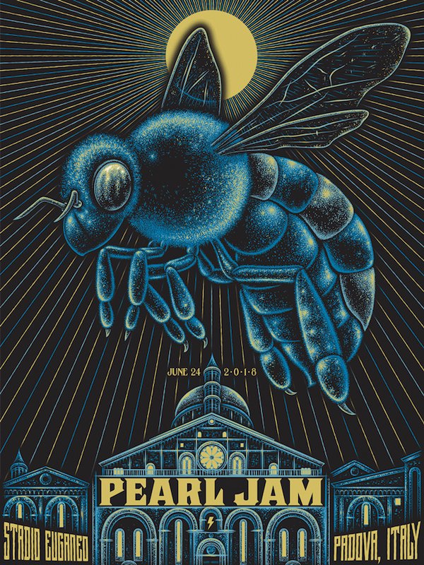 PearlJam's tweet photo. The official artwork for tonight's show at #StadioEuganeo.

Artist: @ToddSlaterART. #PJLIVE2018 https://t.co/2B4tXXaeDN