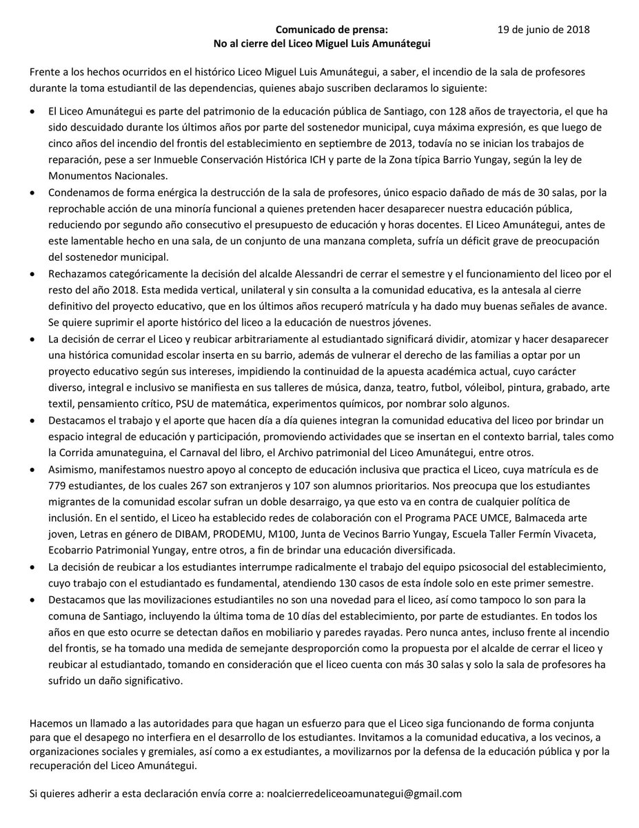 JVBarrioYungay's tweet photo. Ya somos más de 220 personas y organizaciones diciendo #NoAlCierreDelAmunategui 
9 diputados/as, 5 cores, 4 concejales/as, comunidad educativa, ex-estudiantes y vecinos apoyando.

Nos encontramos el sábado 23 de junio, 10am, en puerta. Voluntariado de limpieza y pintado de Liceo. https://t.co/GhnAvVdSPO
