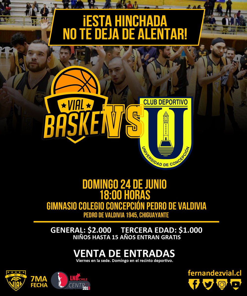 VialBasket's tweet photo. Ahora vamos por el séptimo juego de la @liga_nacional recibiendo a @BasketUdeC este domingo a las 18:00 horas en el Gimnasio del Colegio Concepción Pedro de Valdivia ¡Los esperamos a todos para alentar al Inmortal! 💛🖤🏀 https://t.co/clgDgtbsdO