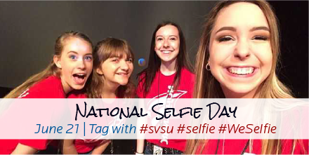 Today, June 21, is National Selfie Day. Share your SVSU-themed selfie and one reason why you love SVSU and we'll enter you in a drawing to win a swag package. Use #SVSU #Selfie #WeSelfie in your posts and/or tag us.