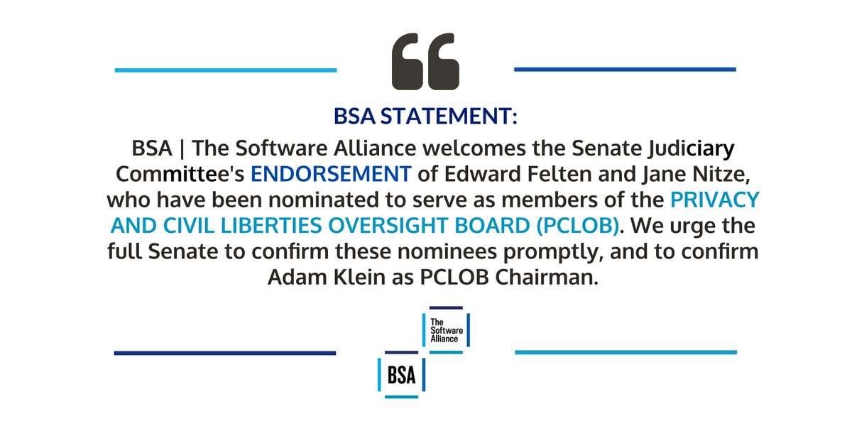 BSAnews's tweet image. BSA urges the Senate to confirm #PCLOB nominees Edward Felten and Jane Nitze, and to confirm Adam Klein as PCLOB Chariman: bit.ly/2MN9ZXh