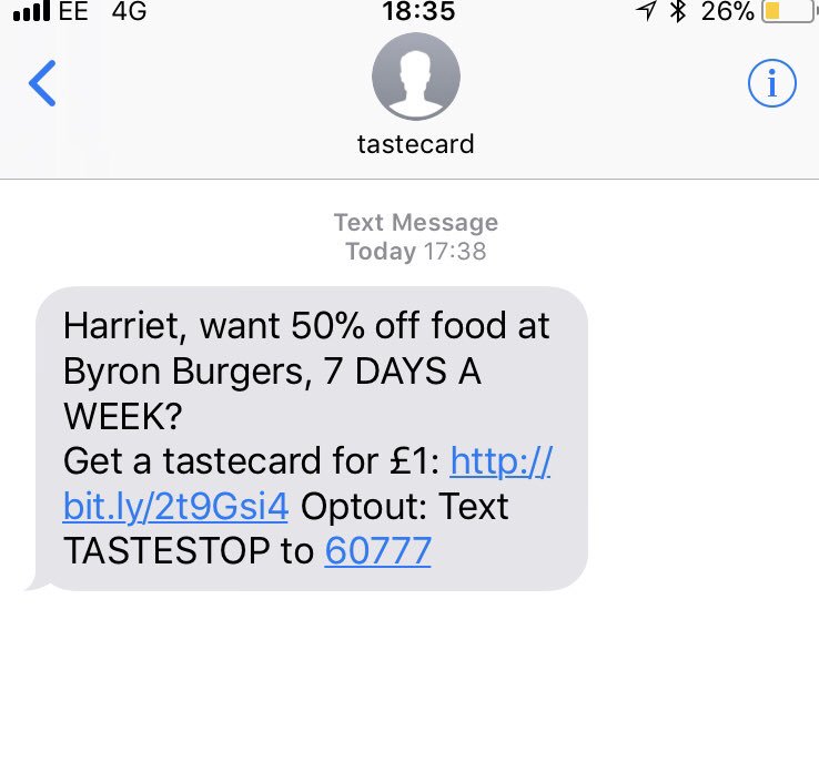 HarriKings1's tweet photo. Hi @tastecard - can you please explain to me how you’ve sent me this text without my consent under #GDPR? https://t.co/7zXAKUSBlV