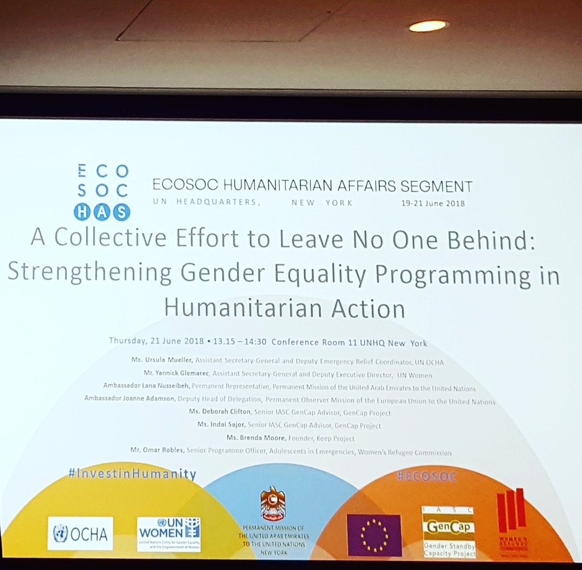 Zarina_GK's tweet photo. At one of the final side events at #ECOSOC_HAS2018 on gender equality. We're hearing from the #IASC Gencap advisers, the @wrcommission and @liberianjue from KEEP Liberia.
#ECOSOC #GenderEquality #WomensRights https://t.co/3iEF1ExplG