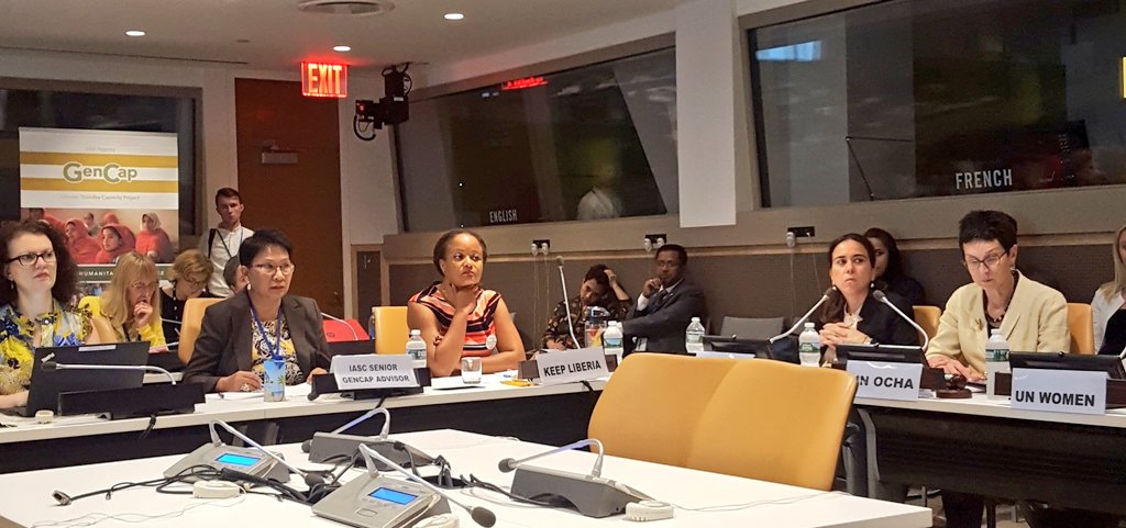 Zarina_GK's tweet photo. At one of the final side events at #ECOSOC_HAS2018 on gender equality. We're hearing from the #IASC Gencap advisers, the @wrcommission and @liberianjue from KEEP Liberia.
#ECOSOC #GenderEquality #WomensRights https://t.co/3iEF1ExplG