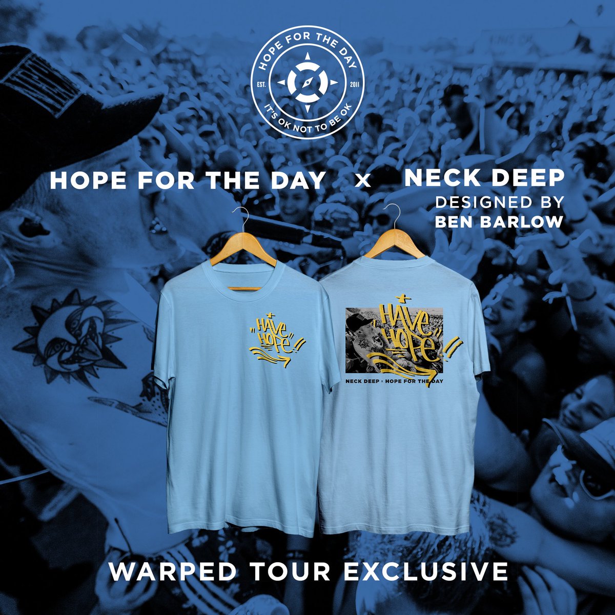 NeckDeepUK's tweet photo. Even though we aren’t on Warped Tour, you can swing by our friends at @hopefortheday to support suicide prevention and mental health education by grabbing this sick tee that was designed by Ben and features a pic from last years Warped! https://t.co/bs4y6aAuWt