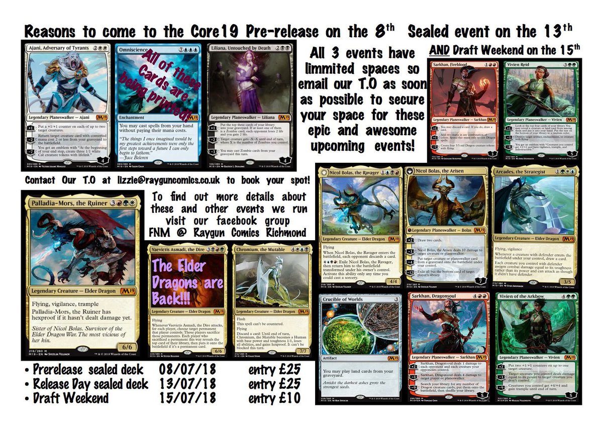 FNMatRaygun's tweet photo. The Pre-release in July at @Raygun_comics is still taking bookings! Link below for more details!!

https://t.co/coKKVPbo7H

#mtg #MagicTheGathering #fnm #fridaynighymagic #mtg19 #nicolbolas #comicshop #gameshop @Wizards_MagicEU https://t.co/1Kj0EvxrTt