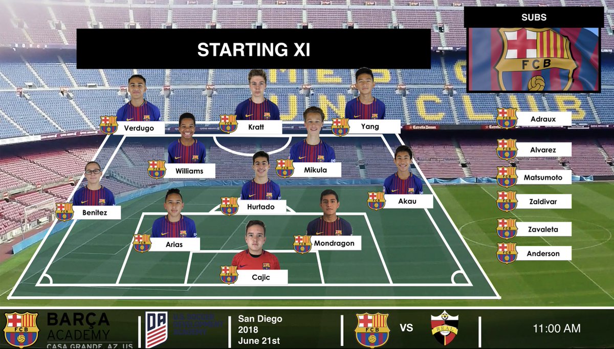 BarcaAcademyAZ's tweet image. Here we GO!

🔵🔴 U15 | Starting XI | 🆚 Real Colorado

#AcademyShowcase #WorldClassDA #BarcaResidentialAcademy