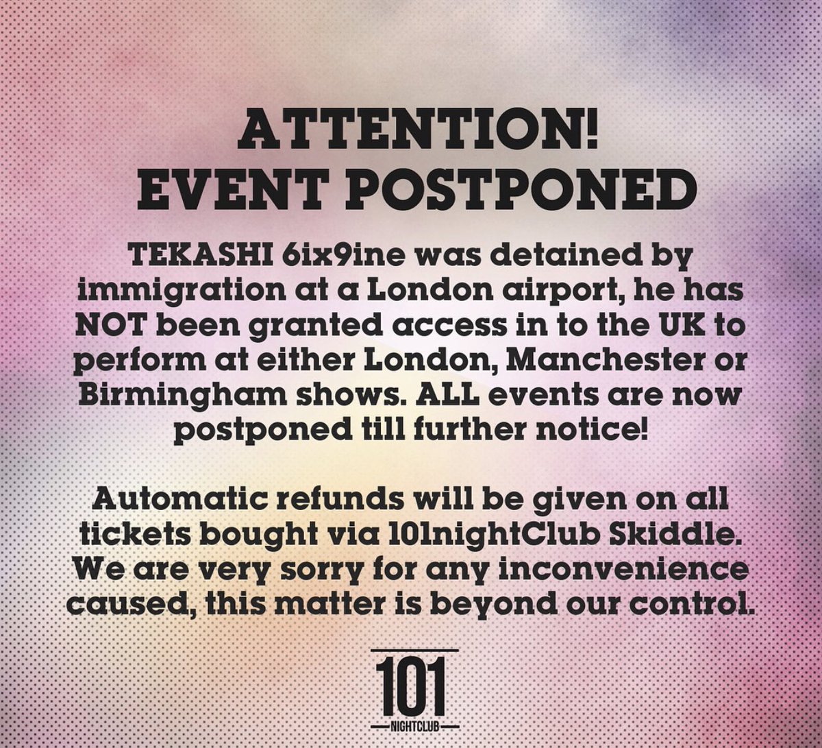 WhiteLabelEnts's tweet image. ❗️POSTPONED ❗️
@6ix9ine has been refused entry into the UK!