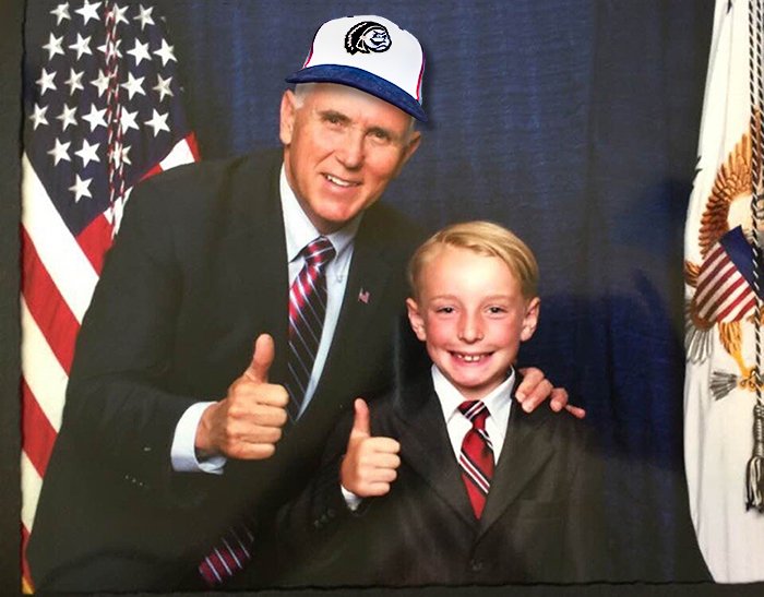PrfectPractice's tweet photo. Even the Vice President is a Jr. Chief fan! Here's Harry Doran, 9U Jr. Chief Traveling Team Player, having a Photo Op with Mike Pence during his visit to the 'Cuse. #NationalSelfieDay #BaseBall #Champevents https://t.co/35HguLz2Qk