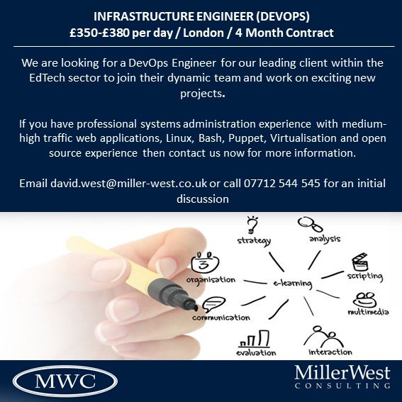MillerWestC's tweet image. #InfrastructureEngineers (devops) - we need you!  Are you looking for your next challenge in London and want to earn between £350 - £380 per day?  If this isn&apos;t you, do you know someone who&apos;d like this opportunity?  #edtech #careers
