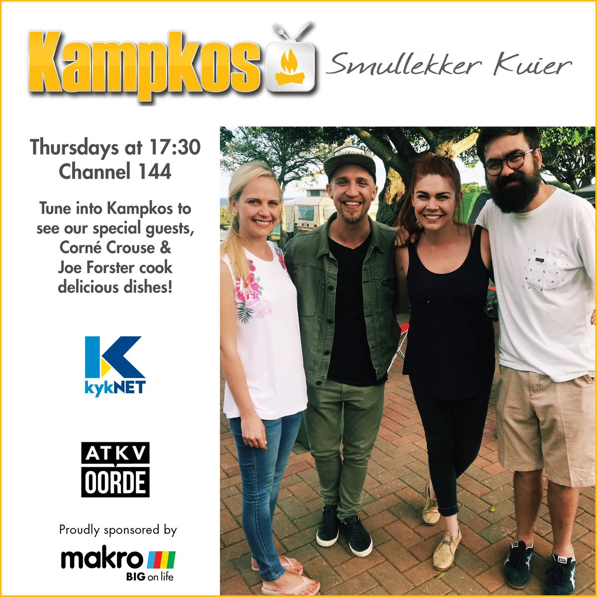 This week the <a href="/KampKos/">KAMPKOS</a> crew meets up with musician &amp; lyric-writer Joe Forster &amp; singer-actress Corné Crous on the shores of the beautiful Natal south coast at the ATKV Natalia.
Joe makes a “Nacho Pizza” &amp; Corné prepares "Kaneelbolletjies" ‘Smullekker kuier’ at its best!