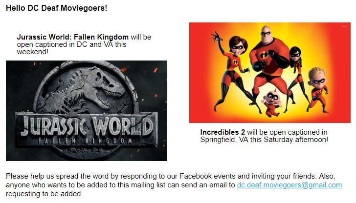 dcdm4oc's tweet image. To advertise movies with #opencaptions for #deaf moviegoers, we create and share Facebook events, and we also send out a weekly email every Wednesday! #captions #accessibility #inclusion Check out our latest email: mailchi.mp/2879987aeb60/d…