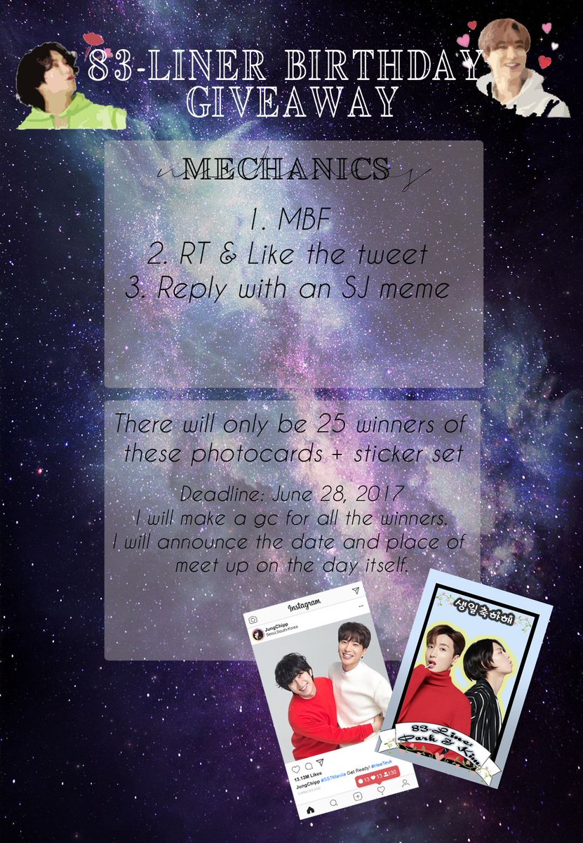 JungChipp's tweet photo. [PLS HELP RT]
83-Liner Birthday Giveaway + #SS7inManila Giveaway!
I will be giving away photocards and stickers during #SS7Manila 
The mechanics are all stated below ⬇️

#SUPERJUNIOR https://t.co/XAQbEhD8Q4