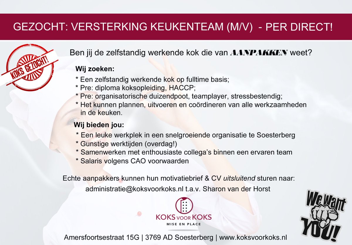 We zijn nog steeds op zoek naar een zelfstandig werkend kok op fulltime basis. Iemand die kan plannen, uitvoeren en coördineren van alle werkzaamheden binnen de keuken. Het is een pré als je een diploma koksopleiding en HACCP hebt. Reageer snel! Delen wordt gewaardeerd #vacature