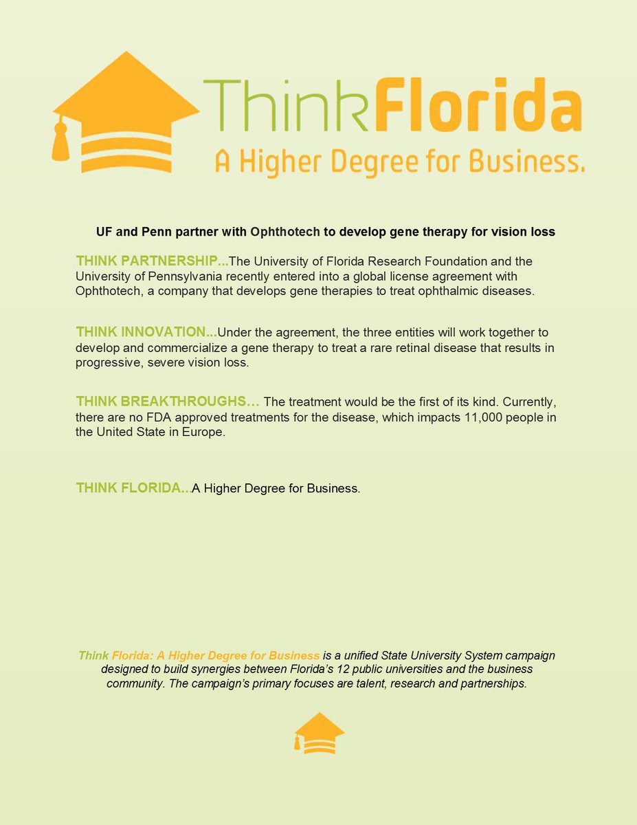 SUS_Florida's tweet photo. #ThinkFloridaThursday
@UF and @Penn partner with Ophthotech to develop gene therapy for vision loss https://t.co/jbmLEn0GsO