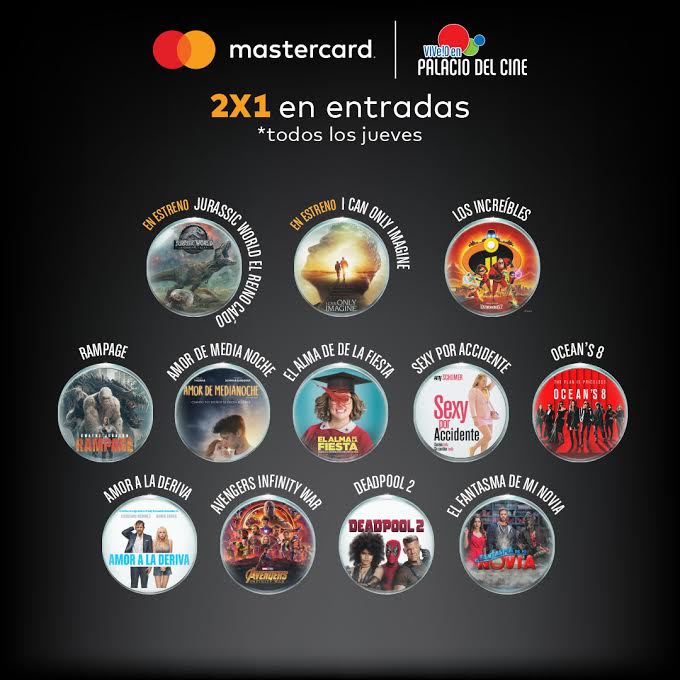 Todos los jueves disfruta del 2x1 en todos los #PalaciosDelCine 👫🙌🏻💳🎬 Sólo debes pagar con tus tarjetas de débito, crédito o pospago Mastercard. *Oferta válida sólo en boletería. Aplica para todas las películas incluyendo los estrenos, 3D, VIP e IMAX.