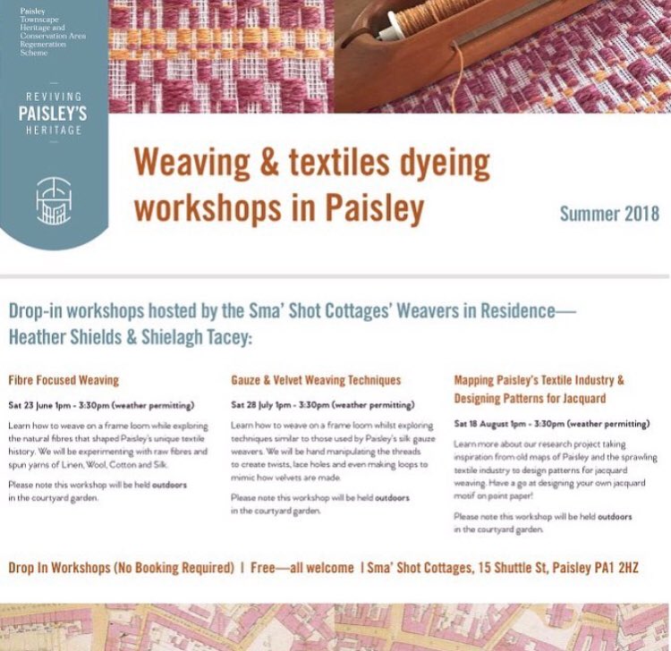 Join us <a href="/Sma_Shot/">Sma' Shot Cottages</a> courtyard this Saturday 23rd June from 1pm- 3:30pm - the weather currently looks dry! 🤞 #hlfsupported #textiles  #thcars2 #fibres #loom 
For more info on #weaving &amp; #dyeing #workshops in #Paisley contact:
th.cars2@renfrewshire.gov.uk or call 0141 6187939