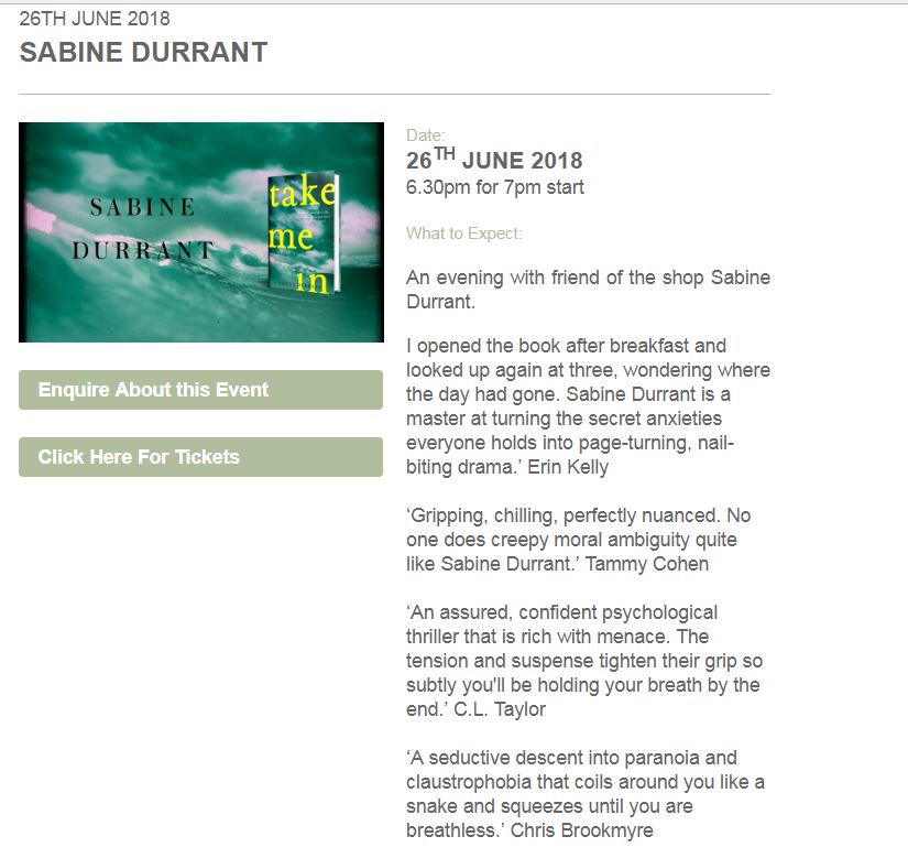 VeroNorton's tweet image. If you love crime &amp;amp; wine, this is the event for you - @SabineDurrant talking about #TakeMeIn  on Tues 26 June @LinghamsBooks  in #Wirral - THE most brilliant thriller - &amp;amp; the reviews so far OHMYGAD 🍷📚 TICKETS HERE:  bit.ly/2JUsdrH