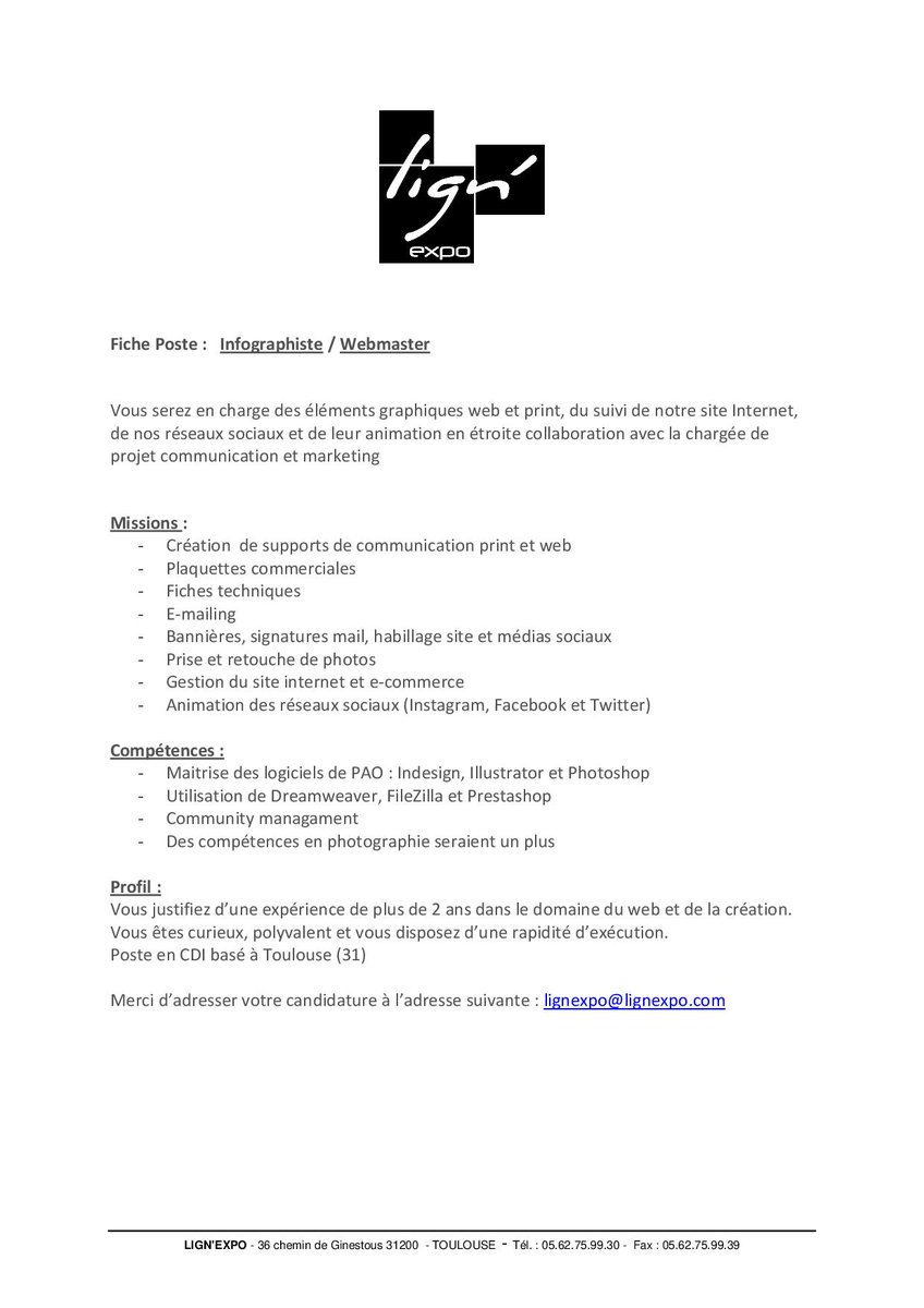 Lign_E's tweet photo. @LignExpo Recrute un/e Inforgraphiste / Webmaster en CDI. 

Plus d'infos : lignexpo@lignexpo.com

#Emploi #Toulouse #recrutement #offreemploi #toulousejob https://t.co/szfuh1BNJK