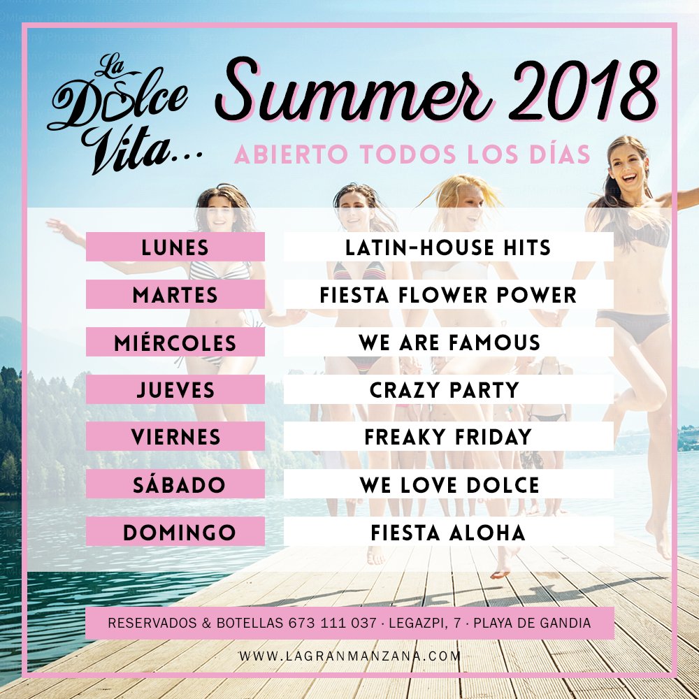 A partir de ahora piensa en Dolce todos los días! La fiesta no faltará a su cita ningún día de la semana. #Summer2018 #TuPrimeraCopaEnLaDolce
···
▼ INFO Y RESERVAS
··· 636 761 873 · VIP y Botellas
···
#LaDolceVita #Playa #Gandia #Valencia #LaGranManzana