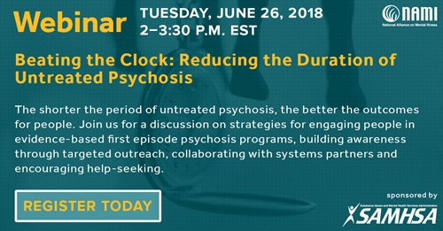 CTDMHAS's tweet photo. Webinar: Beating the Clock: Reducing the Duration of Untreated Psychosis. Tuesday, June 26, 2018 at 2:00PM EST.  Click here to register: https://t.co/bSexWBRoMB https://t.co/rgZMiq2Xg5