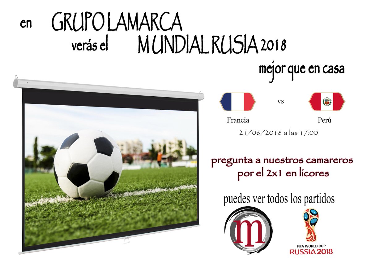 grupolamarca's tweet photo. Continuamos la tarde con el otro #partido del #grupoC del #MundialDeRusia2018 entre #Francia y #Peru donde se puede tener al primer clasificado para siguiente fase.

Ven a disfrutar del partido con nuestra #oferta de 2x1 en licores.

@fifaworldcup_es #Almeria #GrupoLamarca https://t.co/9xnGO3dhQE