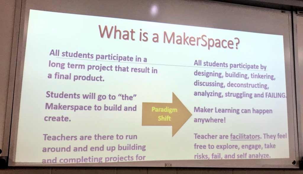 MissWillett18's tweet photo. Loved learning about Maker Space with @MrPenn31 at #blendedlearninginstitute ! So many new ideas to try for next year 🤩 💡 https://t.co/Rxkf0R8hGM