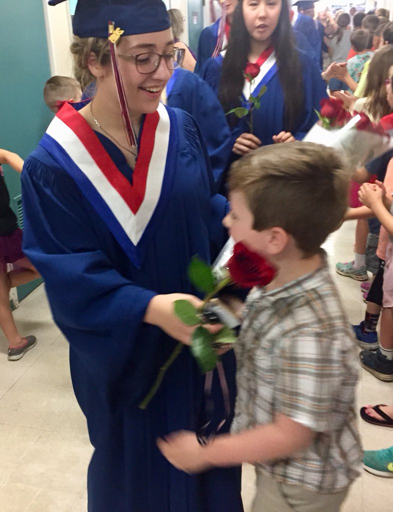 Kozman71's tweet photo. Another special moment from yesterday’s Grad Walk @CoghlanFundamen Abbie, our Valedictorian greeted with a special bouquet from her brother in Grade 2! @langleyschools #GradWalk2018 https://t.co/IygPo2kWf7