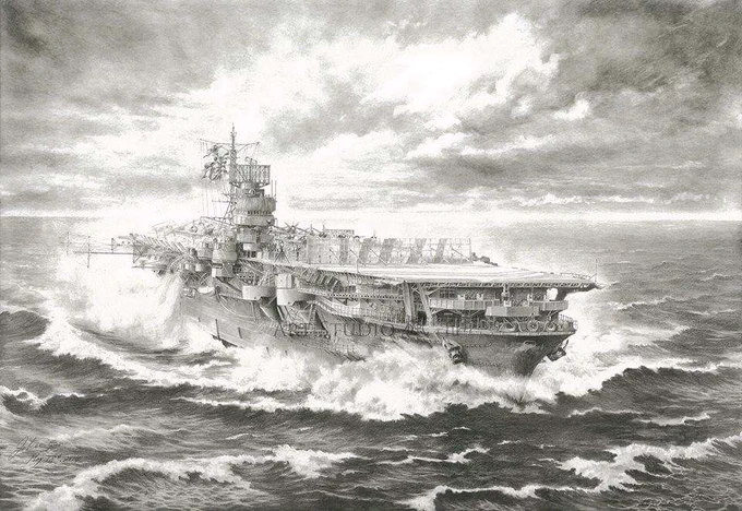 #美人だと思う軍艦 
翔鶴型の航空母艦は、重厚感と伸びやかさを兼ね備えた美しいデザインの艦だと思います。画像は鉛筆画「終焉の海へ ー航空母艦 瑞鶴 2604ー」で、原画は橿原神宮の参集所ロビーに常設展示されています。
https://t.co/VLmxSsGixp ←こちらもよろしく。 