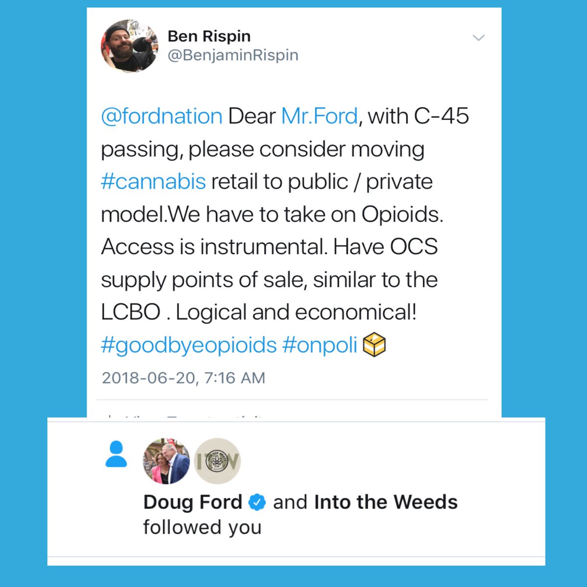 GoodbyeOpioids's tweet photo. Yesterday was an interesting day on the internets for our little campaign that could! Let’s hope we can get our message in front of https://t.co/Nsxhhwii9g! 
#goodbyeopioids #hellocannabis #cannabis #cannabiscommunity #changetheworld #stayactivated #fordnation #dougford #onpoli https://t.co/r899TlZQlu