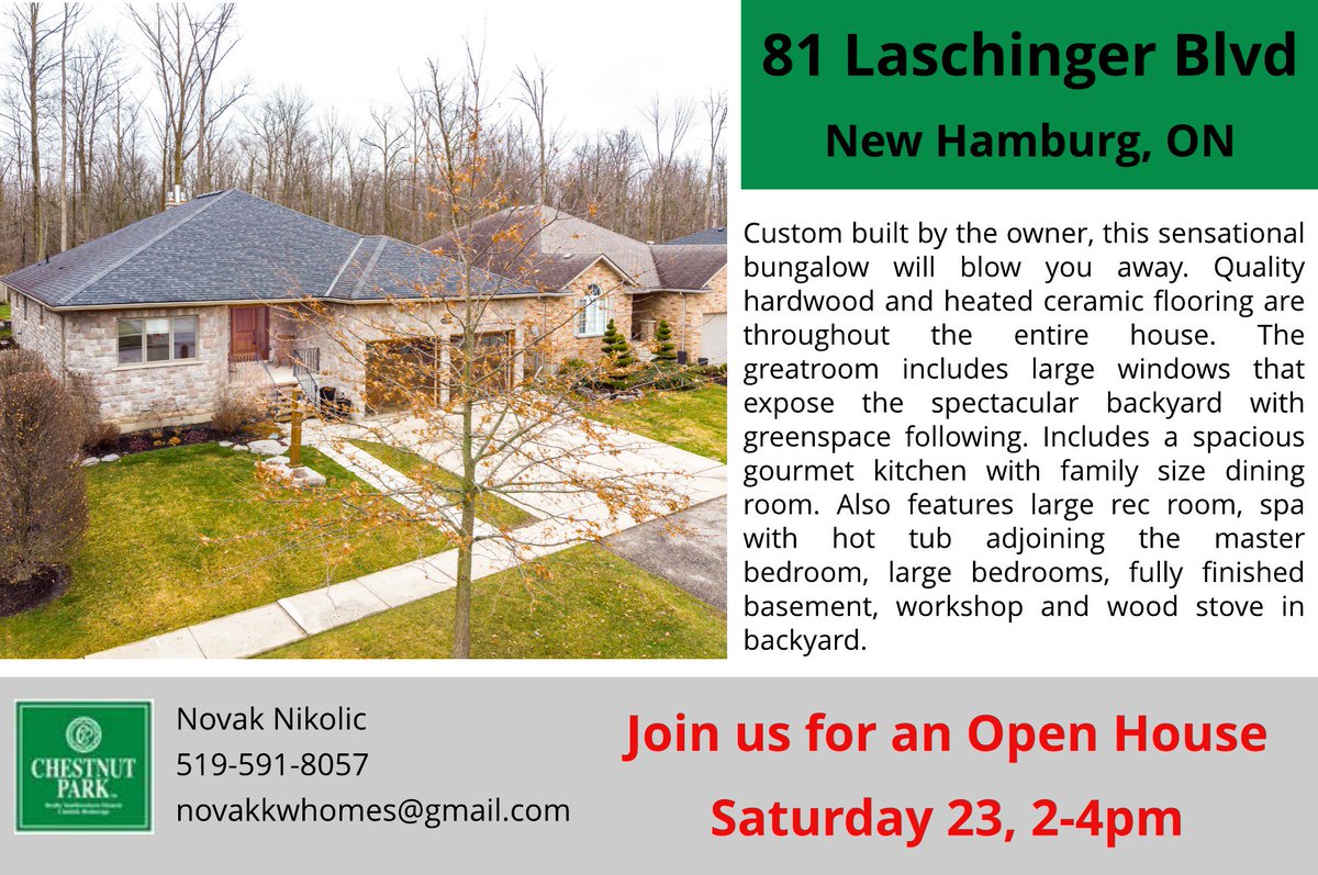 NovakNikolic3's tweet photo. We'll be having an Open House for this beautiful property this Saturday, June 23 2-4pm. Backs onto greenspace, very serene and peaceful. Custom built by owner #KitchenerWaterlooRealtor #KitchenerWaterlooRealEstate #NewhamburgRealEstate #RealEstate #RealEsateforSale #HomeforSale https://t.co/EyNY7wBjh1