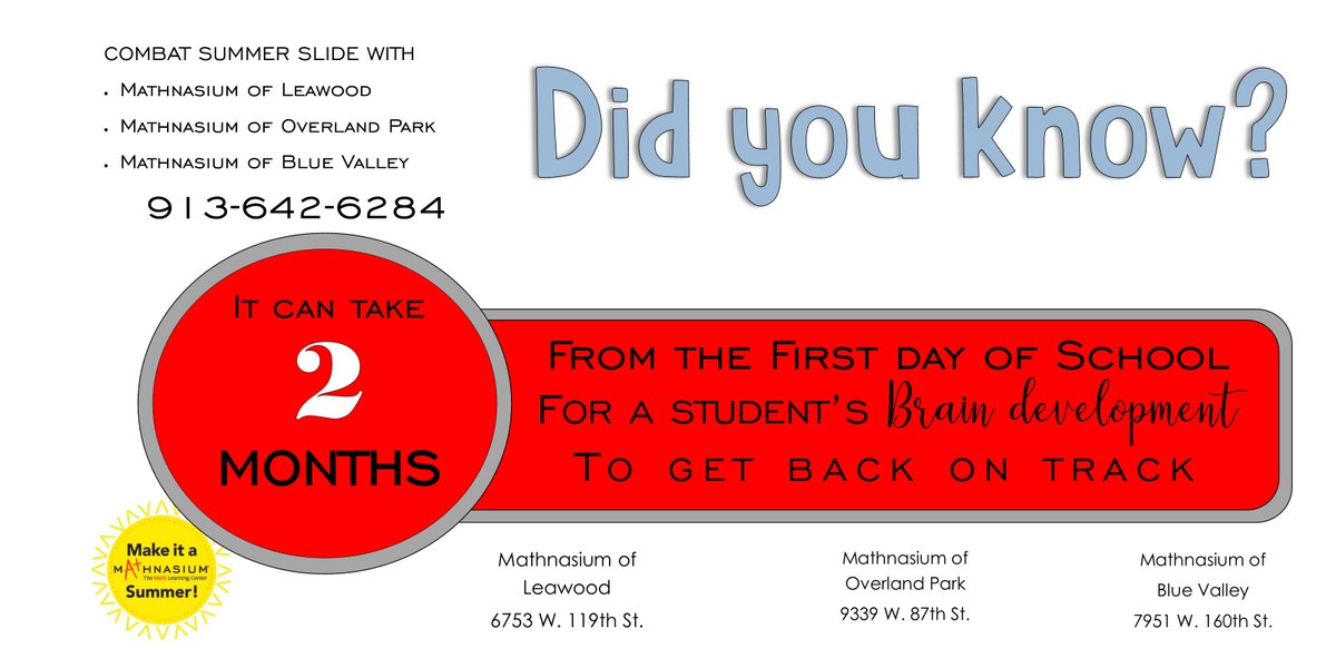 MathnasiumSBV's tweet photo. Let us help your student combat the #summerslide this summer. Contact one of our centers to schedule a NO RISK assessment!
Call 913-642-6284 and choose the location most convenient for you. https://t.co/O4CivBJWZA