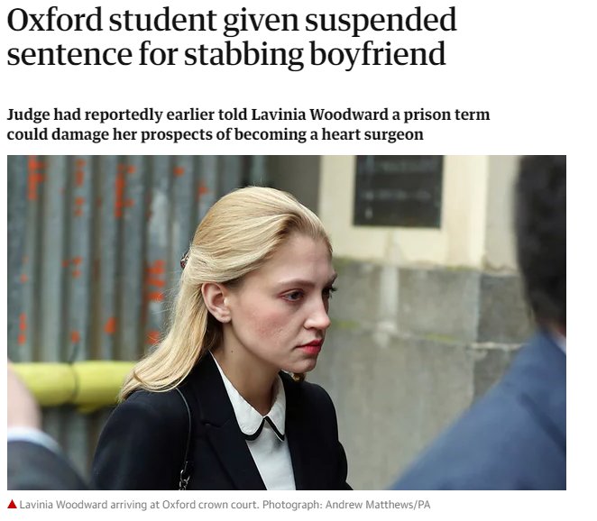 mattuthompson's tweet photo. Middle class Oxford student stabs boyfriend with a bread knife. Avoids jail.

Homeless Polish man steals somebody else's marathon number. Gets 16 weeks in jail.

Go figure. https://t.co/nbjf9ycz4p