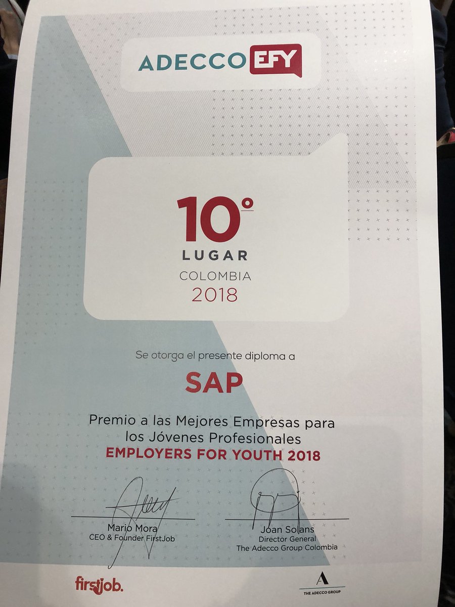 Paolasantosn's tweet image. #EFYCOL2018 , SAP 10 mejor empresa para los jóvenes en Colombia para trabajar #proudtobeSAP #SAPmimejorlugar #lifeatSAP