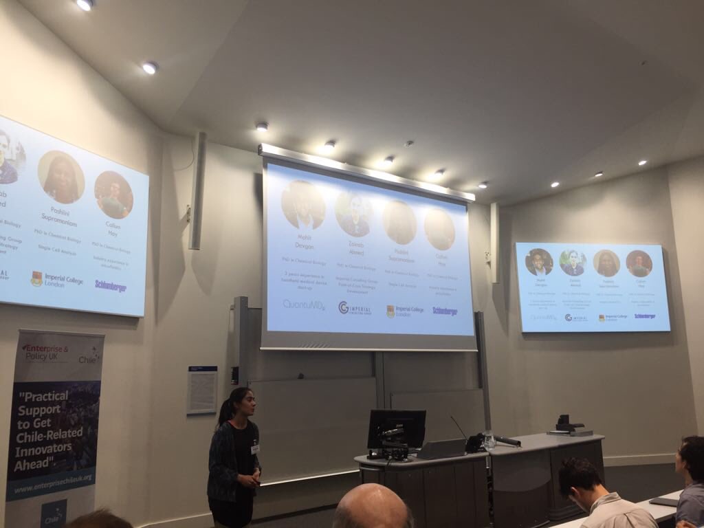 DrQuickCount's tweet photo. QuickCount co-founder, Zainab Ahmed pitching to a room of delegates from Chile visiting Imperial as part of a Deep science Innovation workshop. Thank you @ICEnterpriseLab for the amazing opportunity. https://t.co/bLlMjosb5C