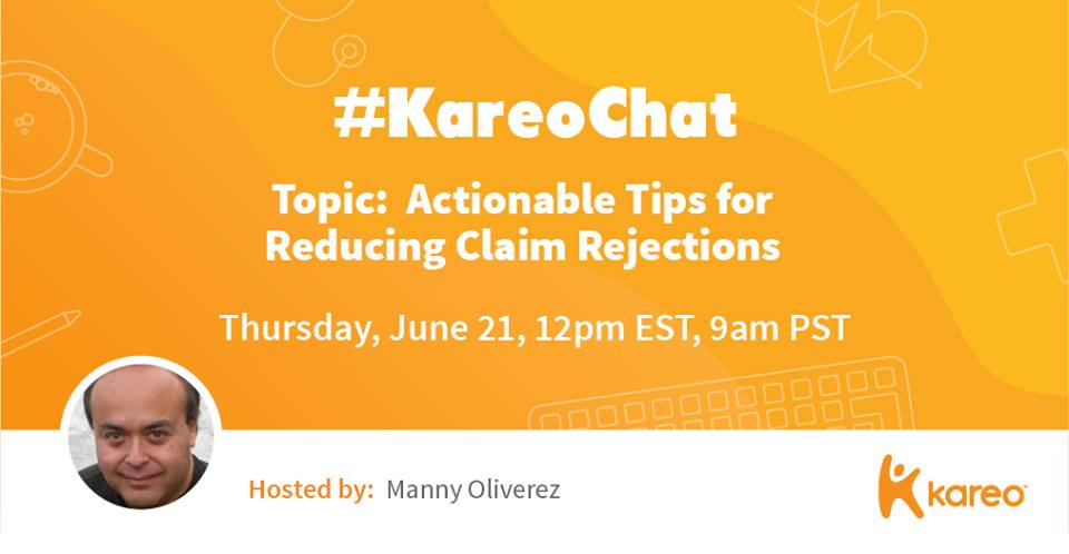 I am the host of today's #KareoChat. Come join the conversation as we discuss ways to reduce your medical practice's claim rejections. #MedicalBilling #CleanClaims #medical <a href="/GoKareo/">Kareo</a> <a href="/GetSocialHealth/">Janet Kennedy</a> #aapc