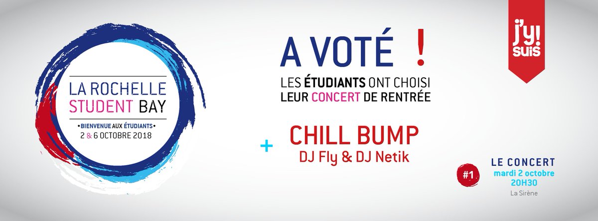 La Rochelle Agglo (@agglolr) on Twitter photo Et voilà vous l'avez décidé, avec plus de 235 voix, <a href="/ChillBumpMusic/">Chill Bump</a>, DJ FLY & Dj Netik viendront pour vous à @lasirene17 lors du concert le 2 octobre dans le cadre de l'évènement La Rochelle Student Bay 2018 ! Merci à tous pour votre participation et RDV à la rentrée ;)
#LRSB Et voilà vous l'avez décidé, avec plus de 235 voix, <a href="/ChillBumpMusic/">Chill Bump</a>, DJ FLY & Dj Netik viendront pour vous à @lasirene17 lors du concert le 2 octobre dans le cadre de l'évènement La Rochelle Student Bay 2018 ! Merci à tous pour votre participation et RDV à la rentrée ;)
#LRSB