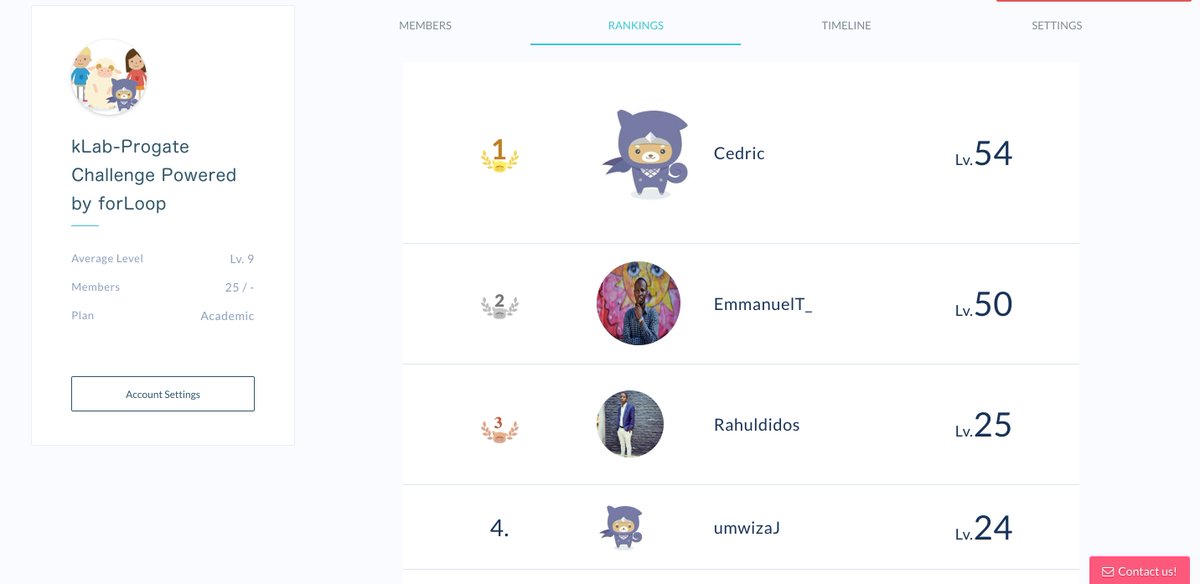 forLoopRwanda's tweet photo. @cdou23 taking the lead over π @EmmanuelT_, an entry for @Rahuldidos to the top 3.
#KlabProgateDevChallenge https://t.co/8p6VU4Rsl5